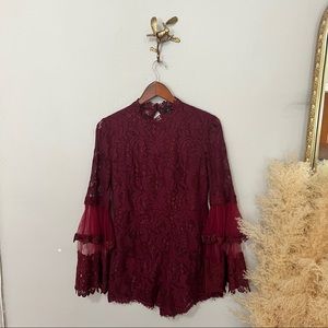 Maroon Lace Romper with Bell Sleeves